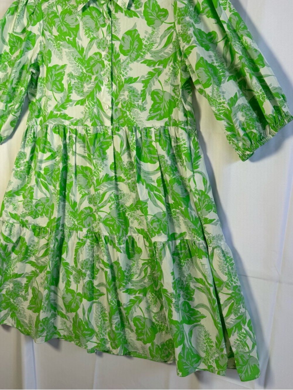 Olivaceous Womens Green Leaf Cotton Tiered Mini Dress Medium - Picture 4 of 14